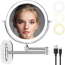 Miroir loupe mural rechargeable à LED, miroir de maquillage mural de 20 cm avec 3 lumières colorées et grossissement x10, miroir de rasage extens