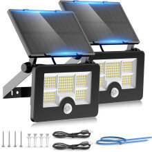 2 stuks buitenlampen op zonne-energie met bewegingssensor, 122 LED's, 4 standen, USB oplaadbaar, op zonne-energie, wand-/paallamp voor buitentuin
