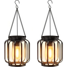 Set van 2 metalen hangende solar buitenlantaarns, heldere, warme, waterdichte LED-lantaarns voor buiten, klassieke decoratieve solarverlichting v