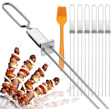 Metalen spiesjes voor kebab, 6 stuks kebabspiesjes met duwstang, dubbele tanden, anti-rol platte barbecuespies voor grillen, herbruikbare roestvr