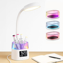 LED-bureaulamp met pennenhouder, aanraakgevoelige nachtlampjes met 3 kleurstanden, leeslampje voor naast het bed met klok, traploos dimbare burea