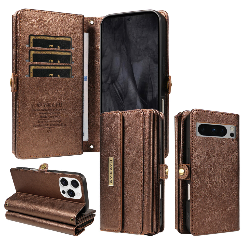(Brown) Yikatu For Google Pixel 8 Pro Case Yk-008 Zipper Wallet Leather Phone Cover With Shoulder Strap Brown 6914293199874