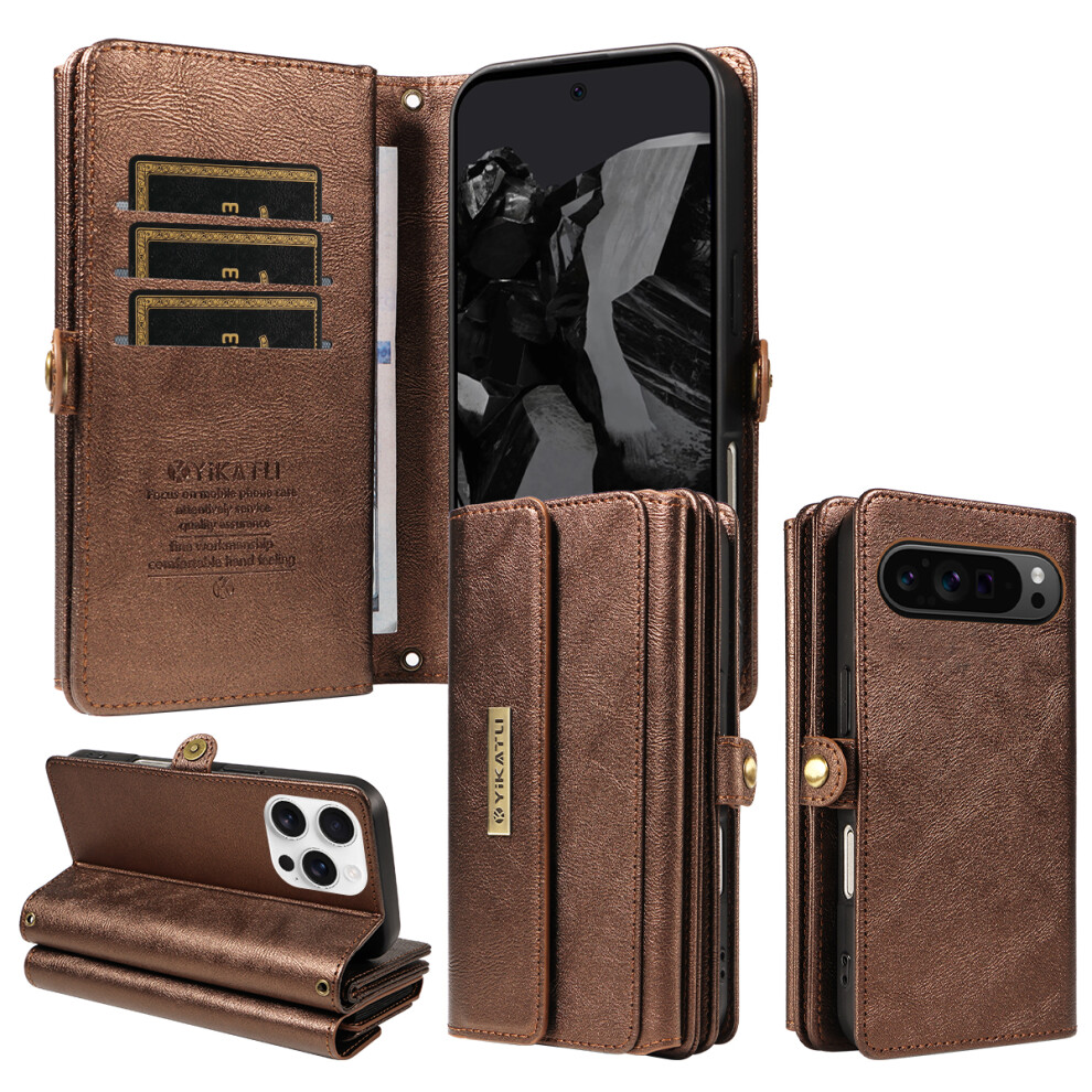 (Brown) Yikatu For Google Pixel 10 Pro / Google Pixel 9 / Google Pixel 9 Pro / Google Pixel 10 Case Yk-008 Zipper Wallet Leathe Brown 6914297187273