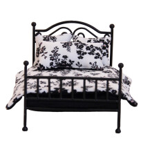Excellent Miniature Bedroom Furniture Metal Bed Realistic Fabric Finish Black Bedding