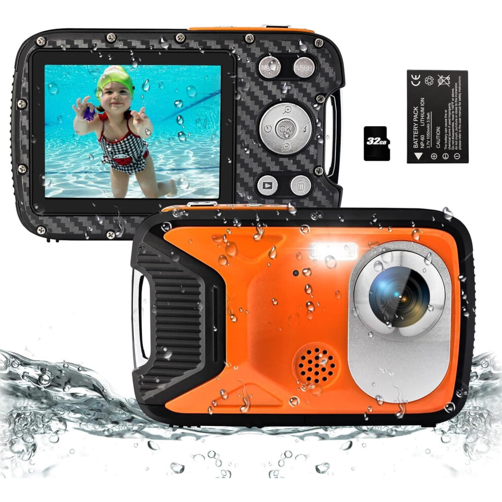 Kids Waterproof Camera 5M 1080P Hd With 32Gb Sd Card (Orange) Orange 6976917411687