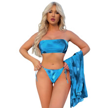 Artistic Tie Dye Print Bustier High Waist Adjustable Tankini Set with Long Skirt Blue M
