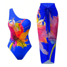Feminine Flower Print Skirted Monokini Swimsuit Set Swim Suit for Active Dark blue XL