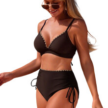 Quick Dry Tankini Set Bathing Suit Fashionable Color Blocking Design for Women Brown XXL