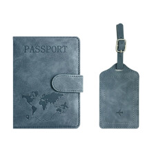 Passports Holder With Luggage Tages Cover Wallet Rfids Blocking Leather Case Blue gray