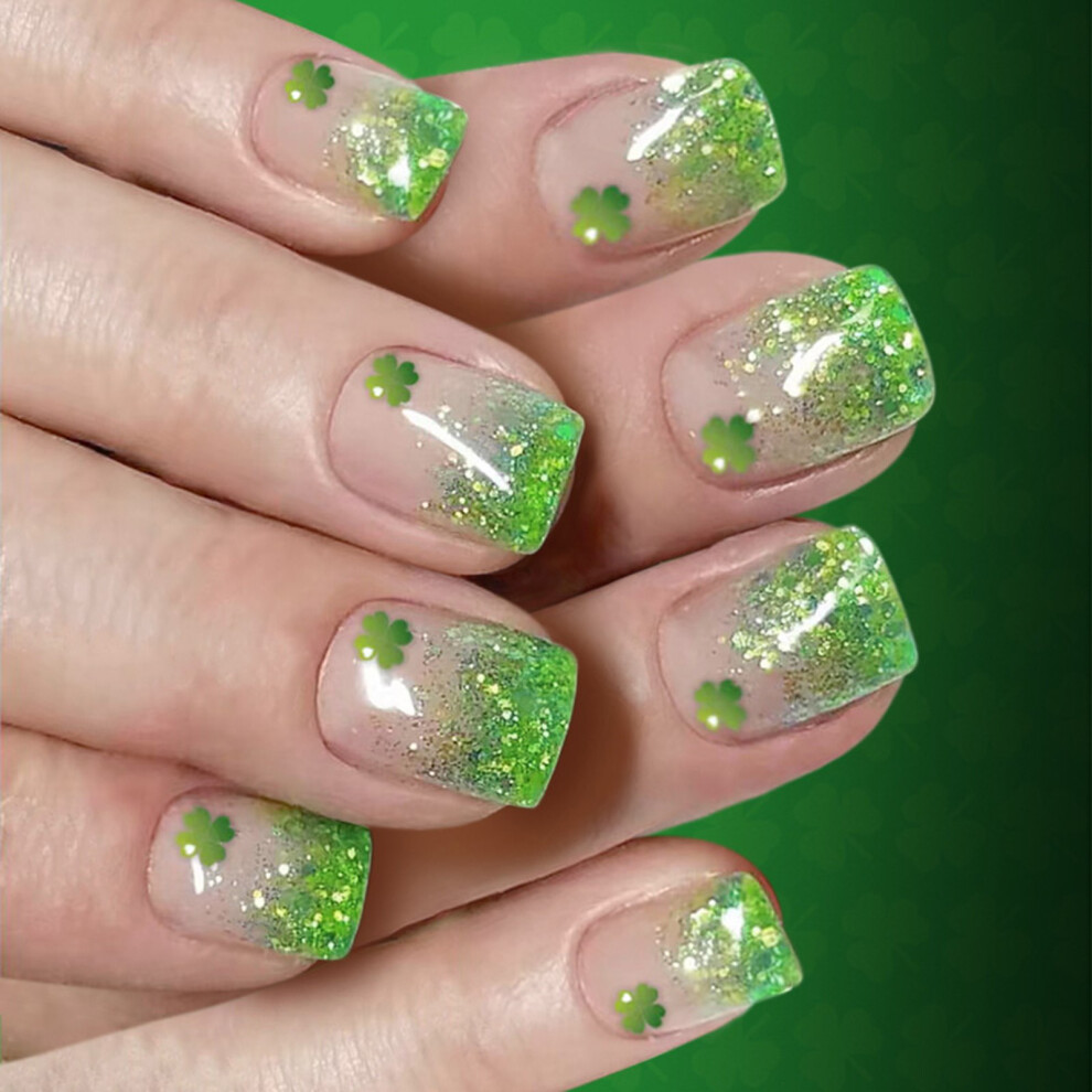 Patrick Green Four Leaf Clovers Gradient Glittering Short Glossy Press On Nail