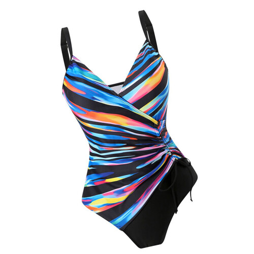 Comfortable User Friendly Quick Dry Sleeveless Floral Conjoined Swimsuit Deep V Multi L