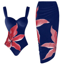 2 Piece Women's Swimsuit and Cover Up Skirt Set Quick Dry for Red flowers on blue M