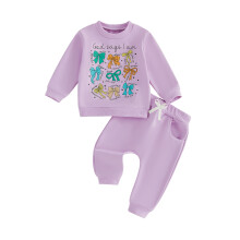 (18-24 Months, Purple) Toddler Girl Fall Outfits Letter Bow Print Crew Neck Long Sleeve Sweatshirts and Elastic Waist Pants 2 Pieces Set
