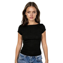 (M, Black) Women's Boat Neck Crop Tops Solid Color Slim Fit Cap Sleeve Open Back Summer Basic T-Shirt