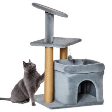 Krabpaal voor katten met jute palen, huisje en kussen, pluche voering, hoogte 84 cm, grijs