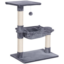 Krabpaal voor katten met meerdere niveaus, hangmat en bal, hout en pluche, 50x36x70cm, grijs