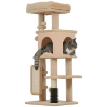 104 cm hoge krabpaal met meerdere verdiepingen, inclusief huisje, bed, krabpalen, borstel en bal, beige
