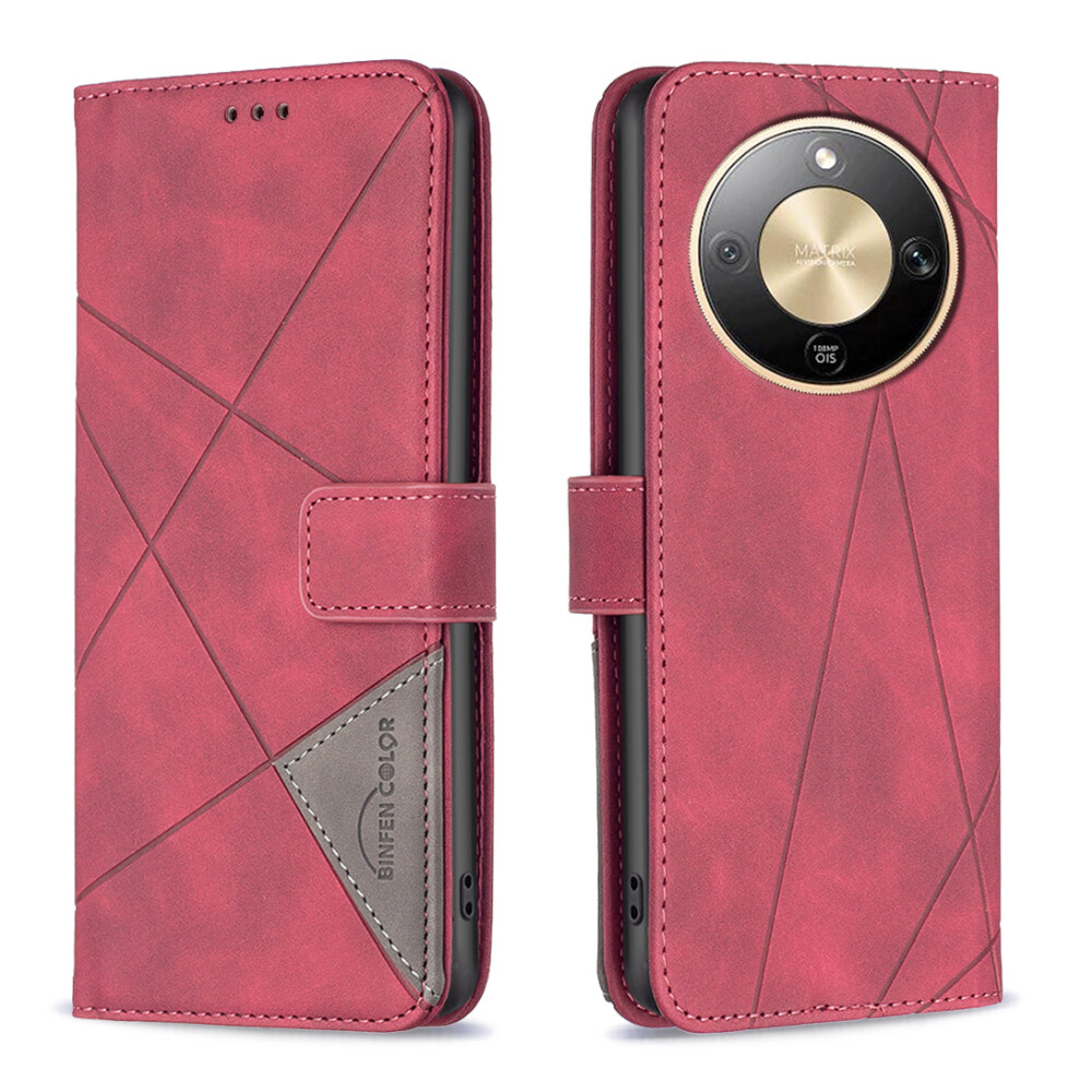 (Red) Binfen Color For Honor Magic8 Lite 5G / X9d 5G / X70 5G Phone Case Wallet Stand Geometry Imprinted Leather Cover Red 6914292248948