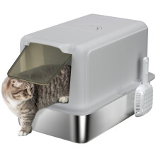Gesloten kattenbak met stalen bak, schepje en filters, grijs en zilver