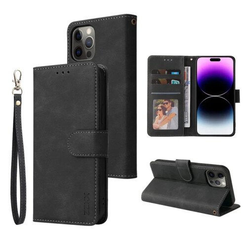 Schwarze Leder-Handyhülle mit Kartenfach für iPhone 14 Pro