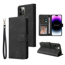 Leder-Handyhülle mit Klappdeckel und Kartenfach, Schwarz, für iPhone 16 Pro Max
