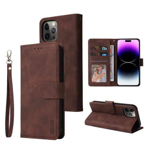 Leder-Handyhülle mit Klappdeckel und Kartenfächern, kaffeefarben, für iPhone 11