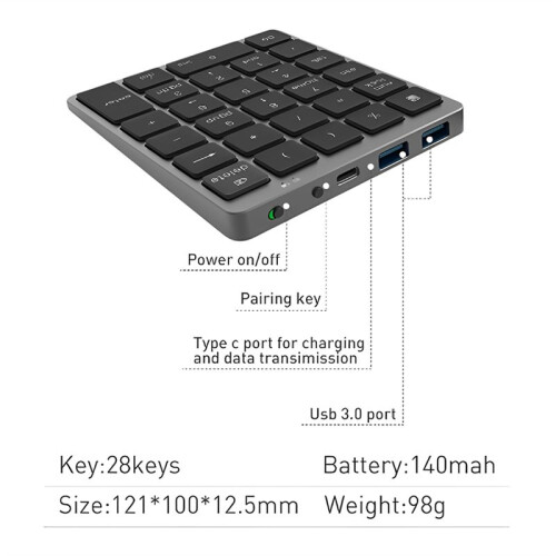 Wireless  Numeric Keypad with USB HUB Dual Modes Rechargeable Numpad for Tablet Laptop 2