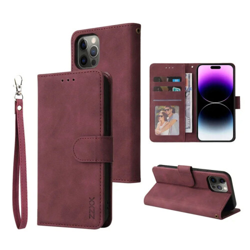 Leder-Wallet-Handyhülle für iPhone 16 Pro, weinrot