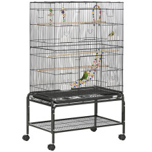 Gabbia per uccelli in acciaio con posatoi, giocattoli, contenitori per il cibo e vassoio, 79x49x133 cm, nera