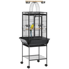 Gabbia per pappagallini ondulati con 2 posatoi e scaletta ad arco, in acciaio, 62,5x62,5x156 cm, grigia.