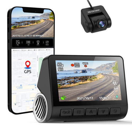 Dash Cam 4K - RNCYN - Câmara Dupla - V55 - Ecrã LCD de 3 polegadas - Visão Noturna - Wifi - GPS