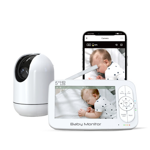 Monitor de Vídeo para Bebés - RNCYN - Ecrã de 5 polegadas - Áudio bidirecional - Canção de embalar incorporada - Câmara WiFi 720P