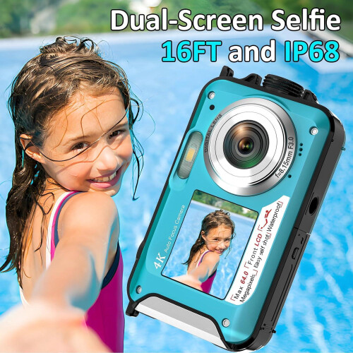 Waterproof Camera 4K 64MP Dual Screen 16FT 32GB MicroSD (Blue) 1
