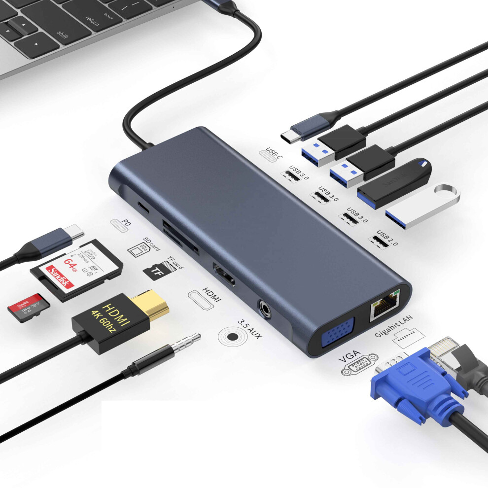 Usb-C Docking Station - Rncyn - 12 In 1 - 4K Hdtv - Vga 1080P - 100W Pd - Gigabit Ethernet - Usb 3.0 - Sd/Tf 9486689739942