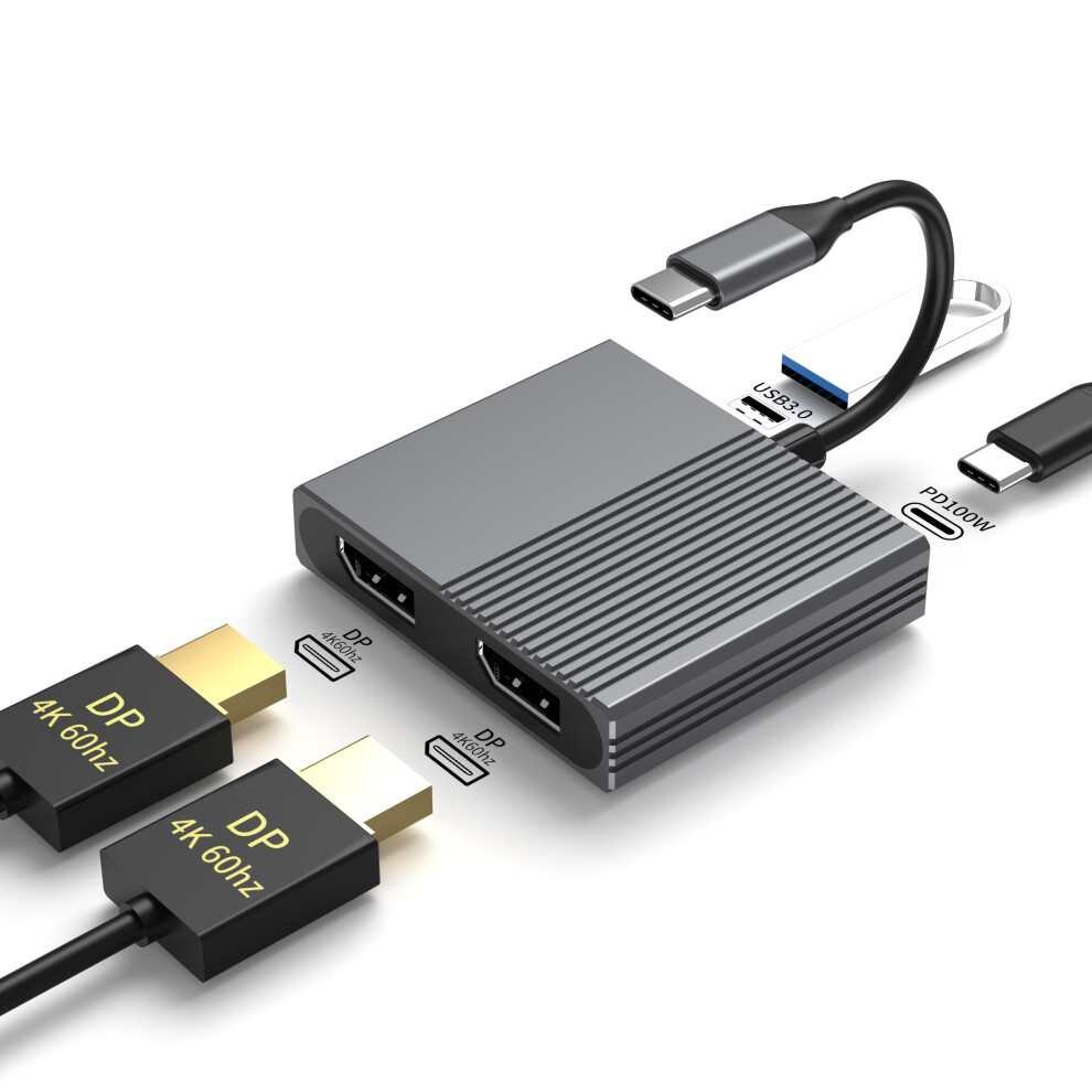 Usb-C Docking Station - Rncyn - 4-In-1 Hub - Dual Displayport 4K 60Hz - 100W Pd Charging - Hi-Speed Usb 3.0 Grey 9486689740290