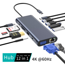 Multi-Port USB-C Hub - RNCYN - 12 in 1 - Aluminum Alloy - 4K HDTV - VGA - USB 3.0 - RJ45 1000M - 3.5mm Audio