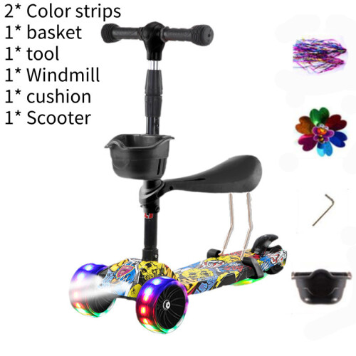 (Yellow Seat) Adjustable Scooter Kids With Music Function Headlight Three Wheeled Plastic