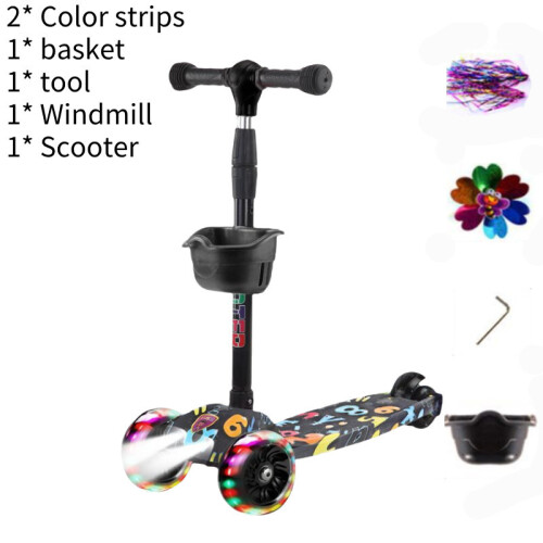 (Black) Adjustable Scooter Kids With Music Function Headlight Three Wheeled Plastic