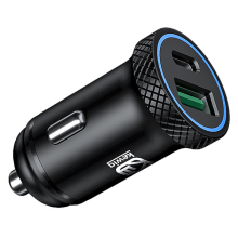 Carregador Rápido de Carro - RNCYN - 30W 5A - USB QC3.0 + Tipo C - Carregamento Rápido - 2 Portas - Entrada 12V-24V