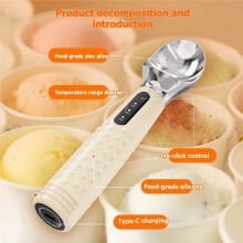 Heated Ice Cream Scoop 3-Level Adjustable Heats Rechargeable Battery for Hard Ice Cream and More White
