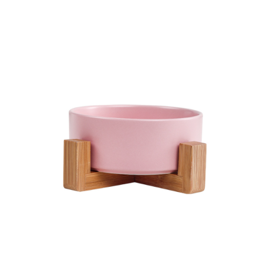 Κεραμική Ταΐστρα Ζώων Phoesky 400ml 13cm Ροζ Βάση από μπαμπού &
