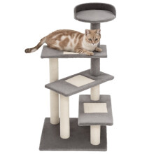 Krabpaal voor katten van 100 cm met rond ligvlak, sisalpalen en pluche voering, grijs