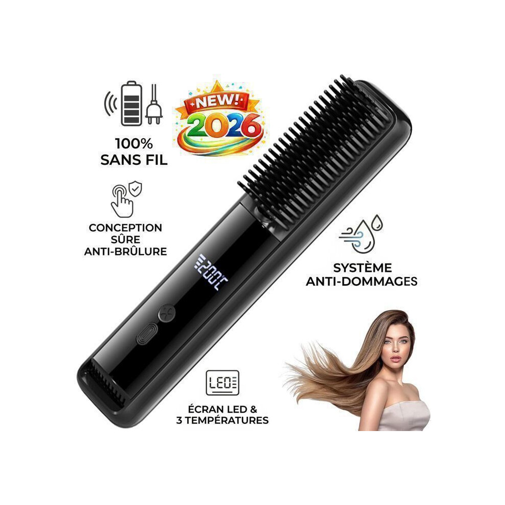 USB Rechargeable Cordless Hair Straightener Brush, Portable Anti-Scald Hair Straightener, 3 Temperature Settings with LED Indicator, Bl