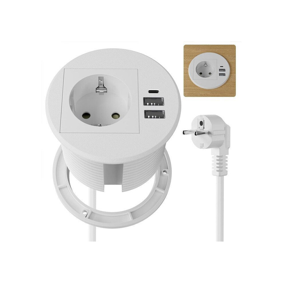 Recessed Power Strip With 1 Outlet, 2 Usb-A Ports And 1 Usb-C Port, Ã 80Mm, For Desks, Worktops, Furniture, White 6485316062708