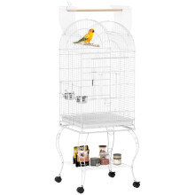 Gaiola para pássaros com rodas e prateleira, 51x51x153 cm, com tampa articulada, comedouros e bandeja removível.