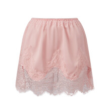 (L, Pink) Women's Summer Short Skirts Fashion Elastic Waist Lace Patchwork Satin Skirts Half Slip Skirts