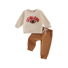 (6-12 Months, Brown) Baby Boy Fall Outfit Football Letter Embroidery Long Sleeves Sweatshirt and Jogger Pants 2 Piece Clothes