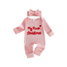 (0-3 Months, Pink B) Baby Girl Christmas Outfit Embroidery Romper and Bow Headband 2 Pcs Set
