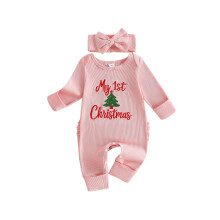 (0-3 Months, Pink A) Baby Girl Christmas Outfit Embroidery Romper and Bow Headband 2 Pcs Set