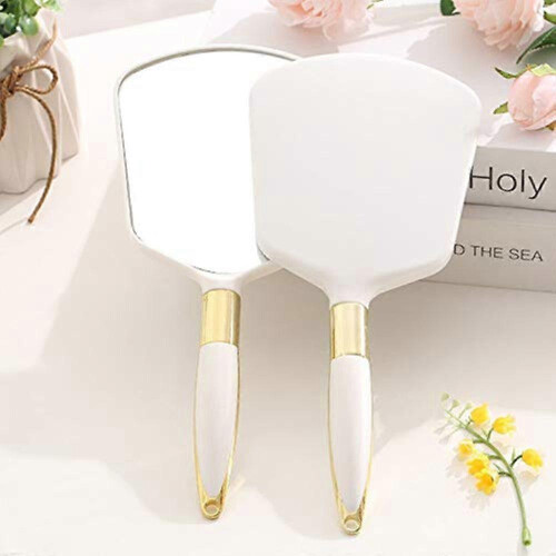 White Square Handheld Mirror with Handle for Vanity Makeup Home Salon Travel